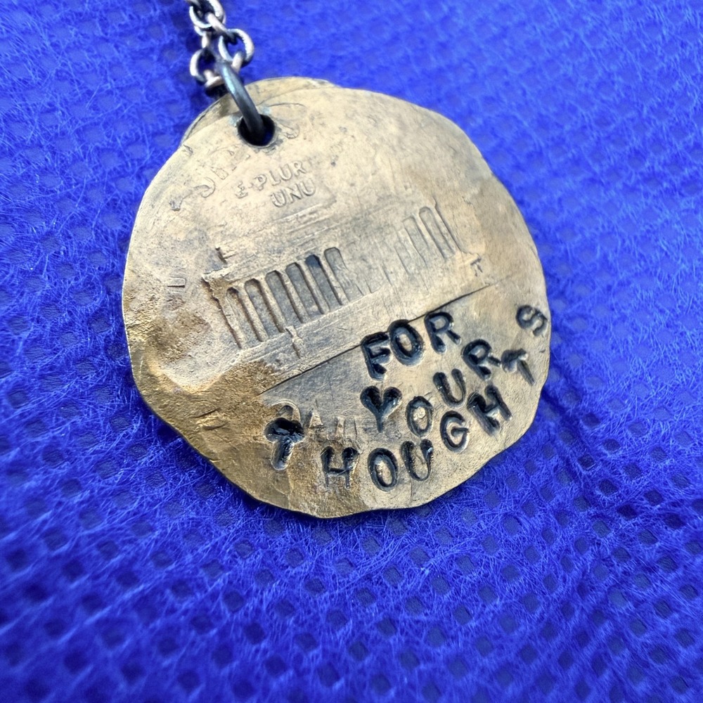 Copper Tone Engraved Lincoln Penny For Your Thoughts Pendant Necklace 20" Boho